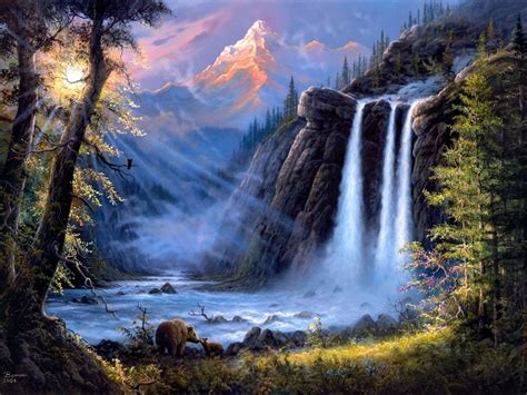 Jesse Barnes Art Painting Landscape Waterfalls Trees Bears