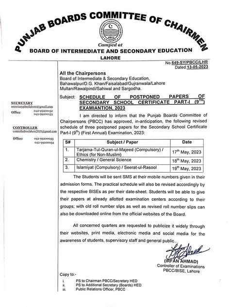 9th Class Date Sheet 2023 For All Bise Boards Of Pakistan