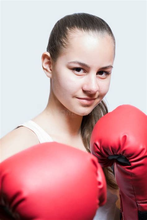 Beautiful Young Girl In Red Boxing Gloves Stock Image Image Of Gloves