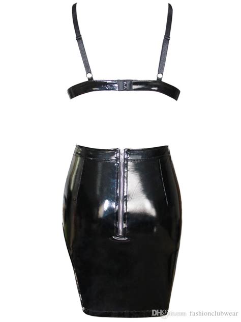 Sexy Two Piece Womens Pvc Leather Dress Set With Wetlook Strap Up Deep V Neck Crop Top And