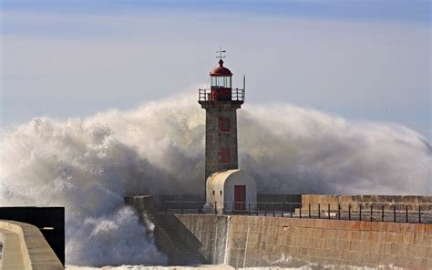 Gray And Red Lighthouse Lighthouse Waves Storm Sea Hd Wallpaper