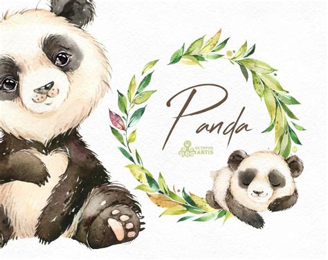 Panda Watercolor Little Animal Clipart Floral Wreath Etsy In 2020
