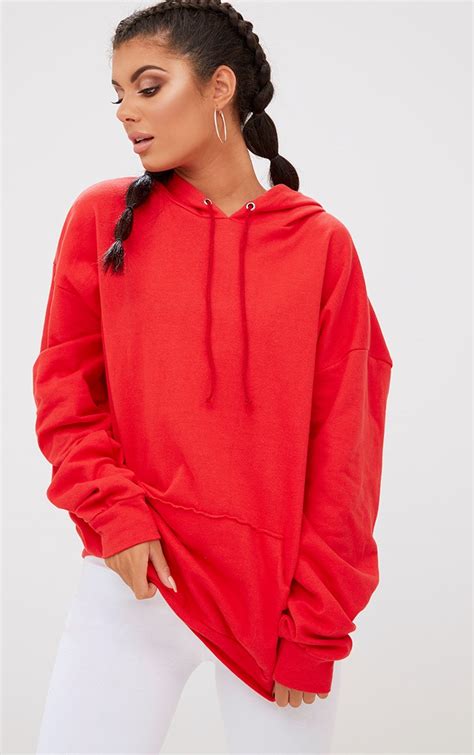 Red Oversized Hoodie Tops Prettylittlething Usa