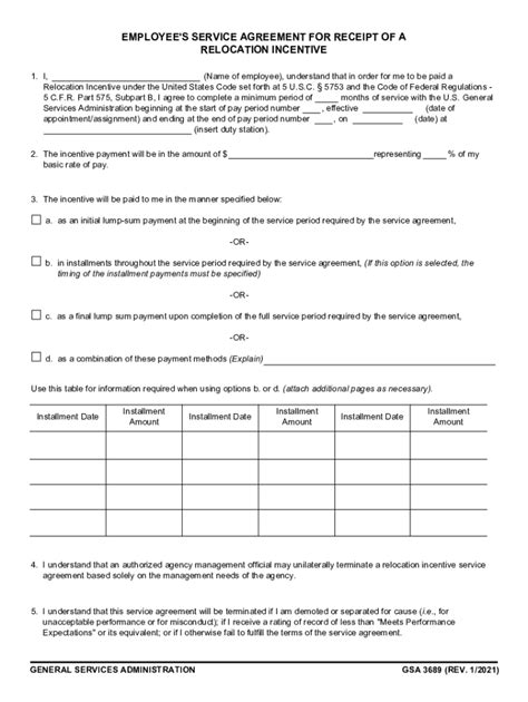 Gsa 3689 Employees Service Agreement For Receipt Of A Relocation