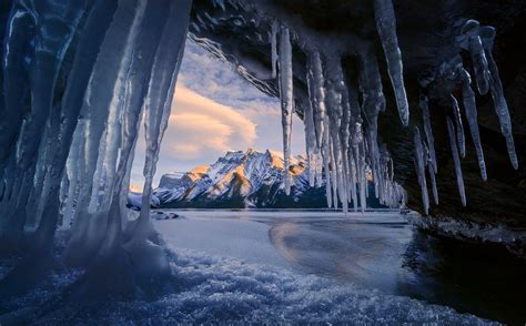 Cave Ice Mountains Winter Snowy Peak Lake Banff National Park Canada