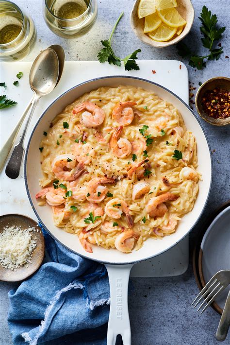 creamy shrimp scampi with orzo olive and mango
