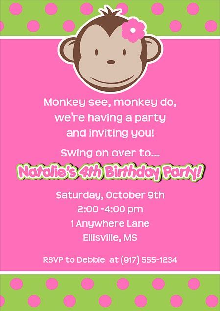Mod Monkey Birthday Party Invitations Girl Monkey Kids Birthday