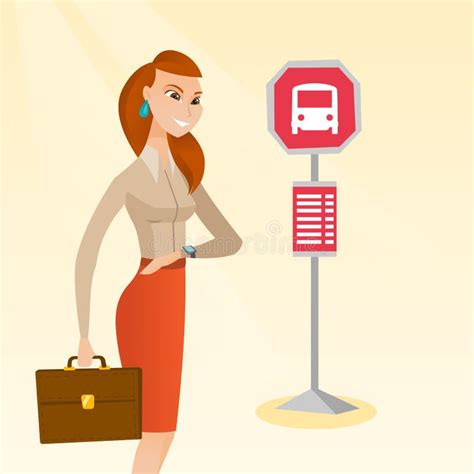 Caucasian Woman Waiting For A Bus At The Bus Stop Stock Vector Illustration Of Journey