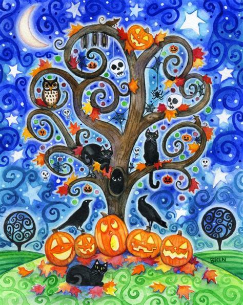 Halloween Tree 8x10 Colorful Autumn Tree Swirly Black Cats Etsy