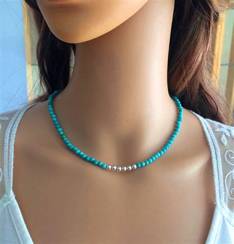 Sterling Silver Turquoise Bead Necklace Choker Gemstone Beaded