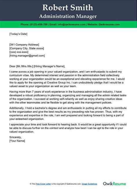 Administration Manager Cover Letter Examples Qwikresume