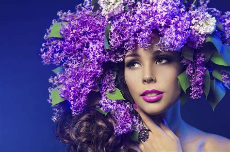 Woman Lilac Flower Fashion Model Beauty Makeup Portrait
