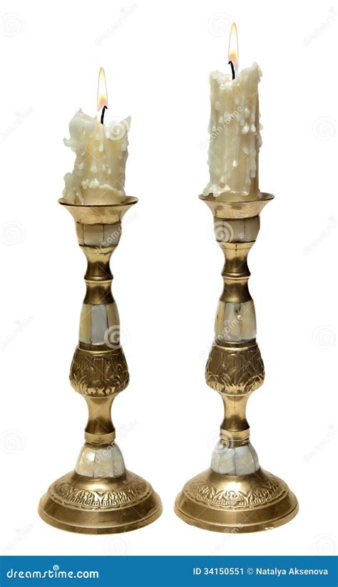 Two Burning Old Candles In Golden Candlesticks Stock Image Image Of
