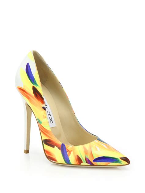 lyst jimmy choo anouk 120 feather print leather pumps in yellow