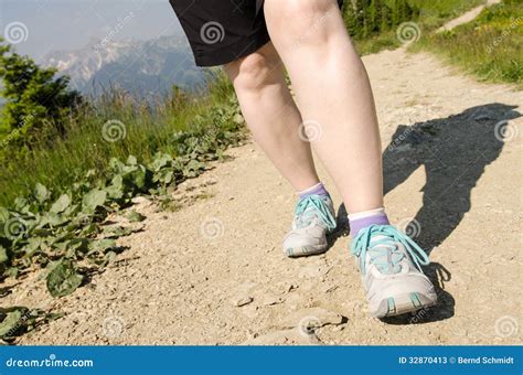 Female Feet Are Hiking In The Mountains Stock Image Image Of Mountain