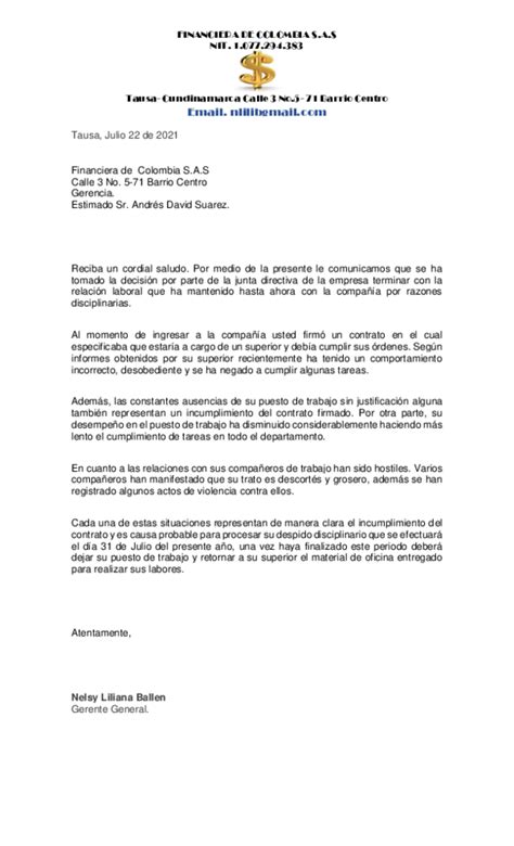 Pdf Carta De Despido Con Justa Causa Nelsy Ballen