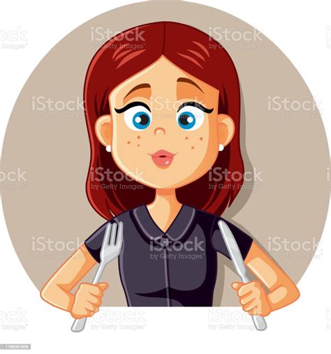 Hungry Young Woman Ready To Eat Vector Illustration Stock Illustration