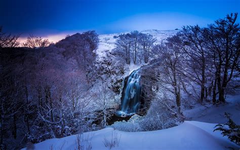 France Winter Snow Mountains River Waterfall Trees Blue Dusk