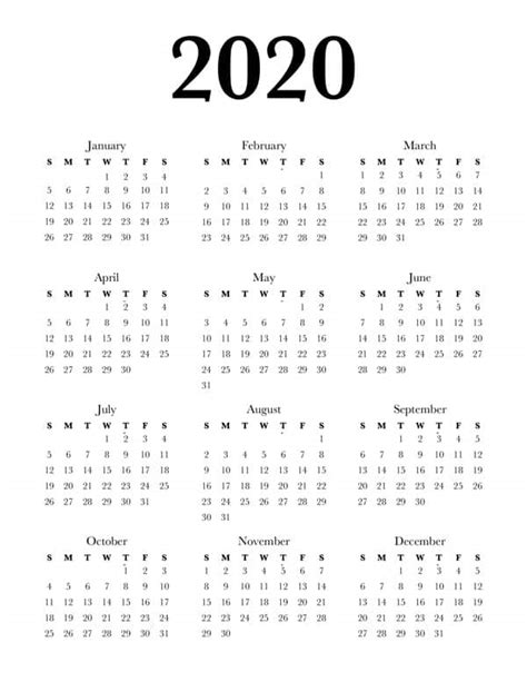 Free Printable 2020 Calendar One Page Template 12 Month Printable Images