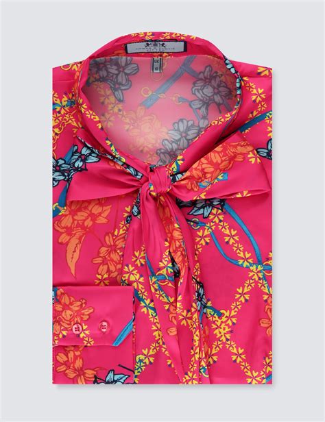 Womens Fuchsia Floral Chains Print Fitted Blouse Single Cuff Pussy Bow Hawes And Curtis