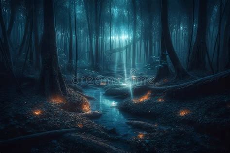 Fantasy Glowing Forest At Night Stock Illustration Illustration Of