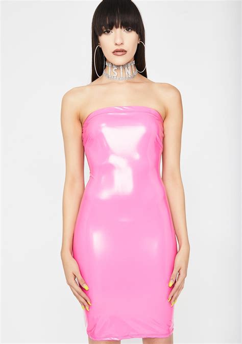 Pink Vinyl Strapless Bodycon Dress Dolls Kill Fishnet Dress Sheer