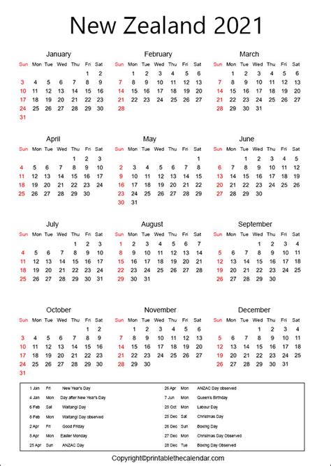 New Zealand Calenadr 2021 Printable The Calendar