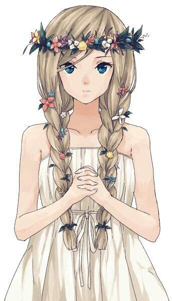 Braided Hair Blue Eyes Flowers On Hair Dress Anime Girl We Heart It