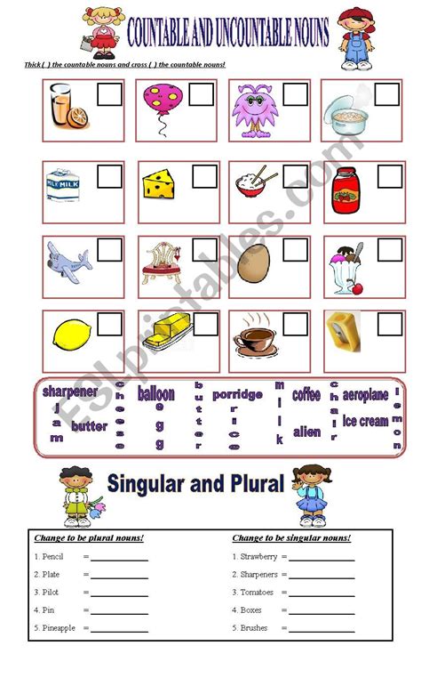 Countable And Uncountable Nouns And Singular And Plural Nouns Esl