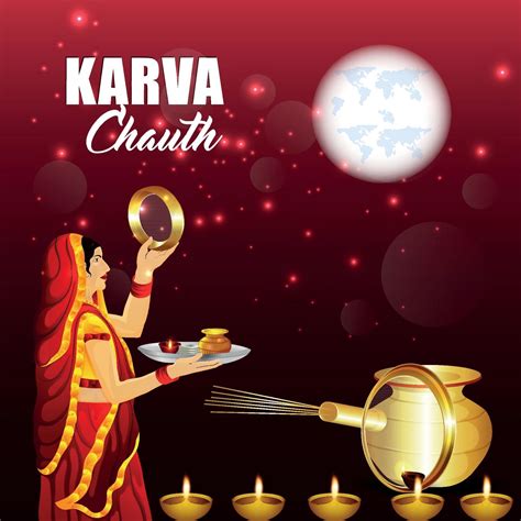 Happy Karwa Chauth Festival Card With Diya And Karwa Chauth Equipment