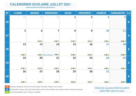 Calendrier Juillet 2021 Avec Vacances Semaines Et Jours Fériés