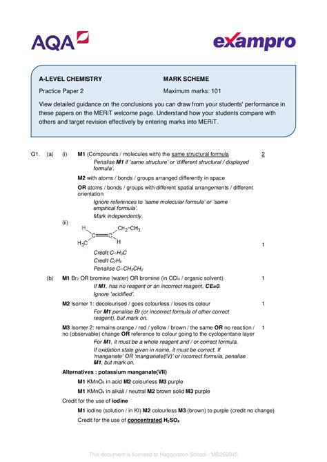 Aqaa Level Chemistry Paper 2mark Scheme 2022 Practice Paper 2