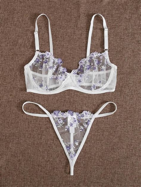Women Floral Embroidered Mesh Underwire Lingerie Set Sexy Etsy
