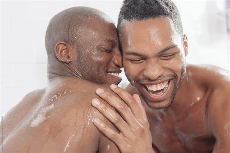 Gay Black Men Couple Having Fun Taking Shower Together