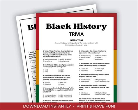 Black History Trivia Game Printable Black History Month Activity For