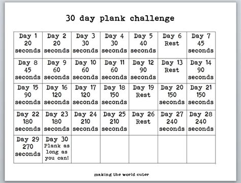 Day Plank Challenge Calendar Printable Calendar Printable