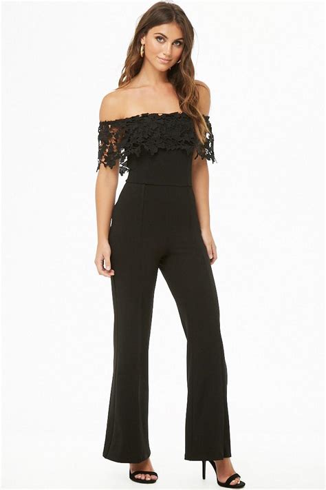 Sheer mesh jumpsuit with long sleeves. Forever 21 Lace Off-the-shoulder Jumpsuit in Black - Lyst