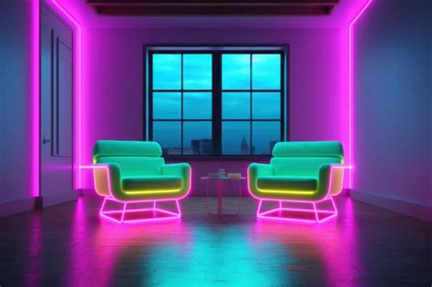 Premium Ai Image Contemporary Neon Chairs Illuminate The Modern