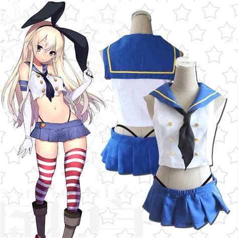 Anime Game Costumes Sailor Suit Kantai Collection Shimakaze Cosplay Cloth Full Set Blue Color