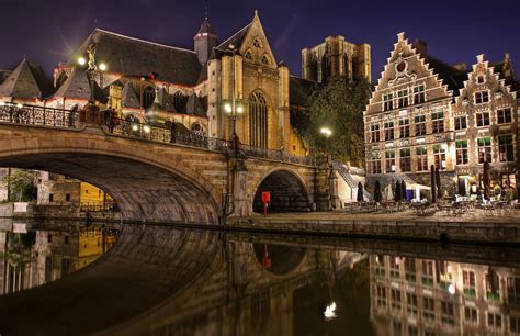 Reflection Cathedral Lights Long Exposure Town River Belgium