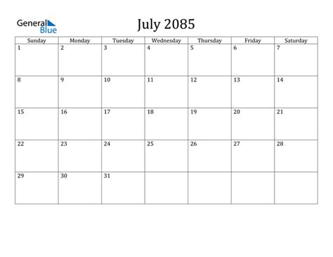 July 2085 Calendar Pdf Word Excel