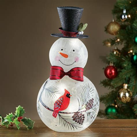 Lighted Frosted Glass Snowman With Cardinal Accent