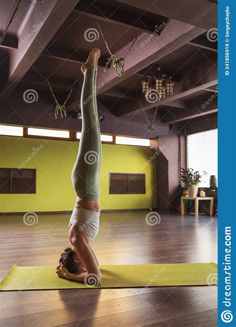 Woman Practicing Yoga Doing Shirshasana Exercise Inverted Asana