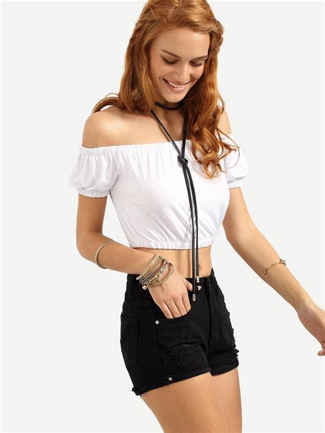 elastic off the shoulder crop top white shein sheinside