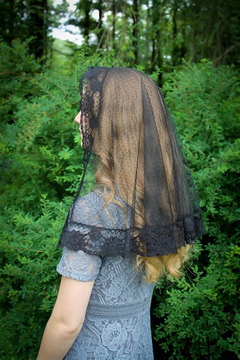 Spanish Lace Dotted Black Lace Mantilla Chapel Veil Latin Mass Long Or