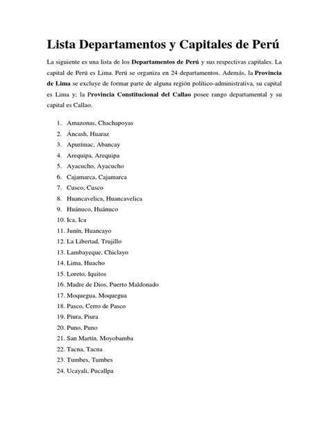 Lista Departamentos Y Capitales De Perú Pdf