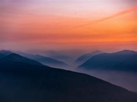 Desktop Wallpaper Hazy Sunset Mist Mountains Horizon Nature Hd