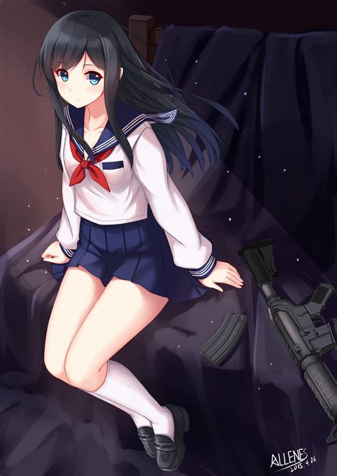 Wallpaper Gun Long Hair Anime Girls Blue Eyes Legs Weapon Black