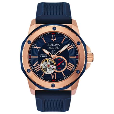 Men S Bulova Marine Star Automatic Rose Tone Strap Watch With Blue