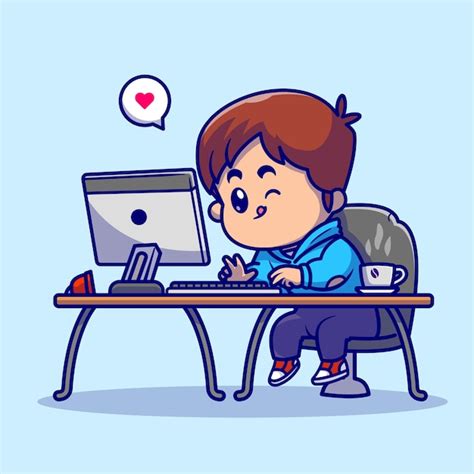Premium Vector Cute Boy Working On Computer Cartoon Vector Icon